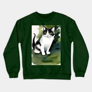 Watercolour Tuxedo Cat on a green lawn Copyright TeAnne Crewneck Sweatshirt